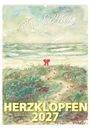 HERZKLOPFEN 2027. Wasserfarb-Illustration: Strand mit rotem Herz und Spuren, im Hintergrund das Meer.