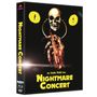"Nightmare Concert" in gelben Großbuchstaben, blutige Hand mit Schädel und gelben Augen auf schwarzem Hintergrund als Cover.