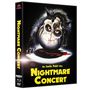 „Nightmare Concert“, großer gelber Text. Illustration: Düstere Kreatur mit Totenkopfmaske und blutiger Spur.