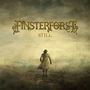 "Finsterforst", "Still". Person im Mantel und Hut geht in nebliger Landschaft. Vintage-Stil.