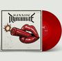 Text "Kissin Dynamite", "SEITE A". Illustration: Rote Lippen halten brennendes Dynamit. Rote Vinyl-Schallplatte.
