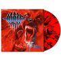 Texte: "WOLF", "HOUR OF THE WOLF". Illustration eines aggressiv aussehenden Wolfes, rot-schwarze, gesprenkelte Vinylplatte.