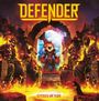 Der Text oben lautet „DEFENDER", unten steht „TITANS OF FIRE". Es zeigt feurige Gestalten in einem flammenumringten Torbogen.
