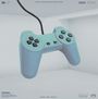 Ein blauer Controller hängt in einem leeren Raum. Texte: "LEVEL" und "SELECT".