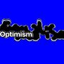 „Optimism“ in weißer Schrift auf schwarzem, wolkenartigem Hintergrund auf kräftigem Blau.