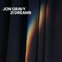 Text: "JON GRAVY 21 DREAMS". Vertikale Vorhänge mit einem schimmernden, regenbogenfarbenen Lichteffekt.
