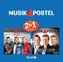 Text: "MUSIKAPOSTEL", "2 in 1 Sparset", "Puls", "Beautiful Voice (...sagte sie zu mir)". Drei Männer auf jedem Cover.