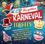 „Die größten Karneval Tophits“ zeigt bunte Symbole wie Maske, Krone, Hut und Partyhut auf blauem Hintergrund.