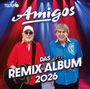Amigos: Das Remix Album 2026. Zwei Männer mit Gitarren, Bühnenlichter in Blau und Rot.