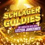 „SCHLAGER GOLDIES“, darunter „DIE GRÖSSTEN HITS DER LETZTEN JAHRZEHNTE“. Goldener Hintergrund mit Discokugel.