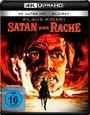 4K ULTRA HD + BLU-RAY, KLAUS KINSKI, SATAN DER RACHE. Illustration: Ein Reiter vor einem intensiven Porträt in feurigen Farben.