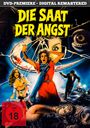 "Die Saat der Angst", FSK ab 18. Eine Frau in Panik. Spannung, Chaos, Polizist mit Waffe, zerrissenes Auge im Hintergrund.