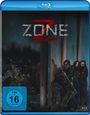 "ZONE Z" in Metall-Schrift, roter Hintergrund. Gruppe Menschen mit Gewehren, dunkle Szene, Zombies im Hintergrund. FSK 16.