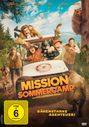 Oben: Namen der Schauspieler. 
Titel: "Mission Sommercamp". 
Abenteuerliche Szene mit Tieren und Menschen in einem Fahrzeug.