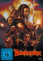 „Deathstalker“ steht in roter Schrift unten. Oben sind Krieger in mittelalterlicher Kleidung vor einem Vulkan.