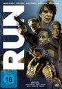 Großer Text "RUN", Gesichter mehrerer Personen, eine mit einer Waffe, DVD-Symbol, FSK 16-Logo.