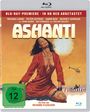 Oben steht "BLU-RAY-PREMIERE - IN HD NEU ABGETASTET". Groß "ASHANTI", darunter kniende Frau in Ketten, Wüste mit Hubschrauber.