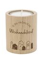 Text: "O DU FRÖHLICHE Weihnachtszeit". Holzkerzenhalter mit Häuser-Silhouetten am unteren Rand.