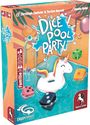"DICE POOL PARTY" in großen blauen Buchstaben, Einhorn-Schwimmring, bunte Würfel im Wasser. Familien-Spiel kompatibel.