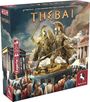 „THEBAI“, Expertenspiel, ab 12 Jahren, 90-180 Min., 1-4 Spieler. Große Statue von Kriegern vor antiker Kulisse.