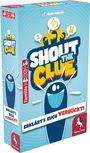 "SHOUT THE CLUE", "Erklärt's euch verrückt!", "Familie", "8+", "10-15", "3-8". Blaue Verpackung mit fröhlichen Figuren.