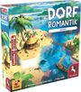 "DORF ROMANTIK SÜDSEE", farbenfrohe Illustration mit tropischer Insel, Palmen, Hütte, Boot und einem Fluss über Brücken.