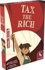 Titel: "TAX THE RICH". Illustration: Eine Frau hält eine rote Fahne mit entschlossenem Blick. Logo: Weißes Pegasus.