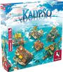 „KALYPSO“, Kennerspiel, 10+, 40-60 Min, 1-4 Spieler. Bunte schwimmende Häuser auf türkisfarbenem Wasser, Pegasus Spiele Logo.