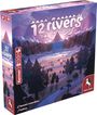 „12 rivers“, für 2–4 Spieler, ab 10 Jahren, Dauer 45–75 Min. Illustration: Abendstimmung mit Bergen und Fluss.