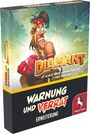 "Warnung und Verrat Erweiterung" steht groß auf der Box. Ein Abenteurer mit roten Edelsteinen und eine schwarze Spinne sind abgebildet.