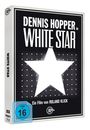 "Dennis Hopper in WHITE STAR. Ein Film von Roland Klick. FSK 16 freigegeben. Großes weißes Sternmotiv auf dunklem Hintergrund."