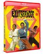 „Die Blutsbrüder des Gelben Drachen“, Kampfszenen dreier Personen in asiatischen Kampfanzügen, gelber Hintergrund.