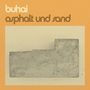 Text: "buhai", "asphalt und sand". Illustration eines L- oder T-förmigen Betonstücks auf orangem und beigem Hintergrund.