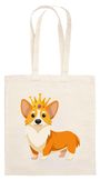Illustration: Ein niedlicher Corgi mit einer Krone steht auf einer hellen Tragetasche.