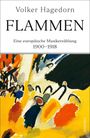 Text: "Volker Hagedorn, FLAMMEN, Eine europäische Musikerzählung 1900-1918." 
Illustration: Abstrakte, kräftige Farben.