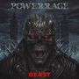 Text: "POWERRAGE" oben, "BEAST" unten. Ein bedrohlicher Cyborg-Schädel mit roten Augen in dunkler Umgebung.