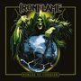 "Ironflame" oben, "Worlds to Conquer" unten. Ein Skelett in Robe mit Ketten hält eine blitzeinschlagende Kugel.
