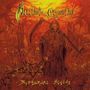 "Hellish Crossfire", "Bloodrust Scythe". Illustration mit Sensenmann in feurig-roter Landschaft.
