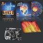 Farbige Vinyl-Schallplatte, Album-Cover mit Herz, Blitztext "ST," Musikerfotos, Trackliste auf rotem Hintergrund.