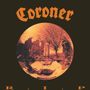Text: "Coroner" oben, "R.I.P" unten. Eine verzerrte orangefarbene Ansicht eines Friedhofs mit Statue und Bäumen in der Mitte.