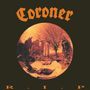 Der Text "Coroner" oben, "R.I.P" unten. Eine verzerrte Aufnahme einer Statue und Bäume im Hintergrund.