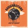 "AUSSCHREITUNG" oben, "WELT AM GALGEN" unten; Design einer Weltkugel an einer Kette vor orangenem Hintergrund.