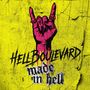 „HELL BOULEVARD made in hell“, pinke Hand mit Hörnergeste, gelber Hintergrund.