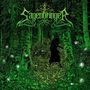 "Sagenbringer" steht in kunstvollem, grünem Text. Eine geheimnisvolle Gestalt mit Hörnern steht in einem dunklen Wald.
