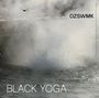 "BLACK YOGA" und "OZSWMK" in großen Buchstaben. Wasserdampf und eine Libelle fliegen über spritzendem Wasser.