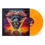 "Mad Max" oben, "Stories of Destiny" auf einem Buch. Illustration mit Totenkopf und Blitzen, Berge im Hintergrund. Orangefarbene Vinyl-Schallplatte.