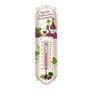 Text: "Regen lässt das Gras wachsen, Wein das Gespräch." Illustration eines Thermometers mit Wein, Glas und Trauben.