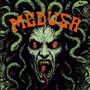 „MEDUSA“ in orange Schrift über einem düsteren Medusa-Gesicht mit Schlangenhaar, in den Augen und Mund sind Porträts.