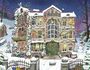 Text "Maison Moin" über Tür. Winterliche Illustration: Alte Villa im Schnee, Lichter, Schneemann, geschmückte Bäume.