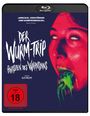 „DER WURM-TRIP: PARASITEN DES WAHNSINNS“, FSK 18, Frau mit grünem Wurm aus dem Mund, Neonfarben und Blu-ray Disc Logo.